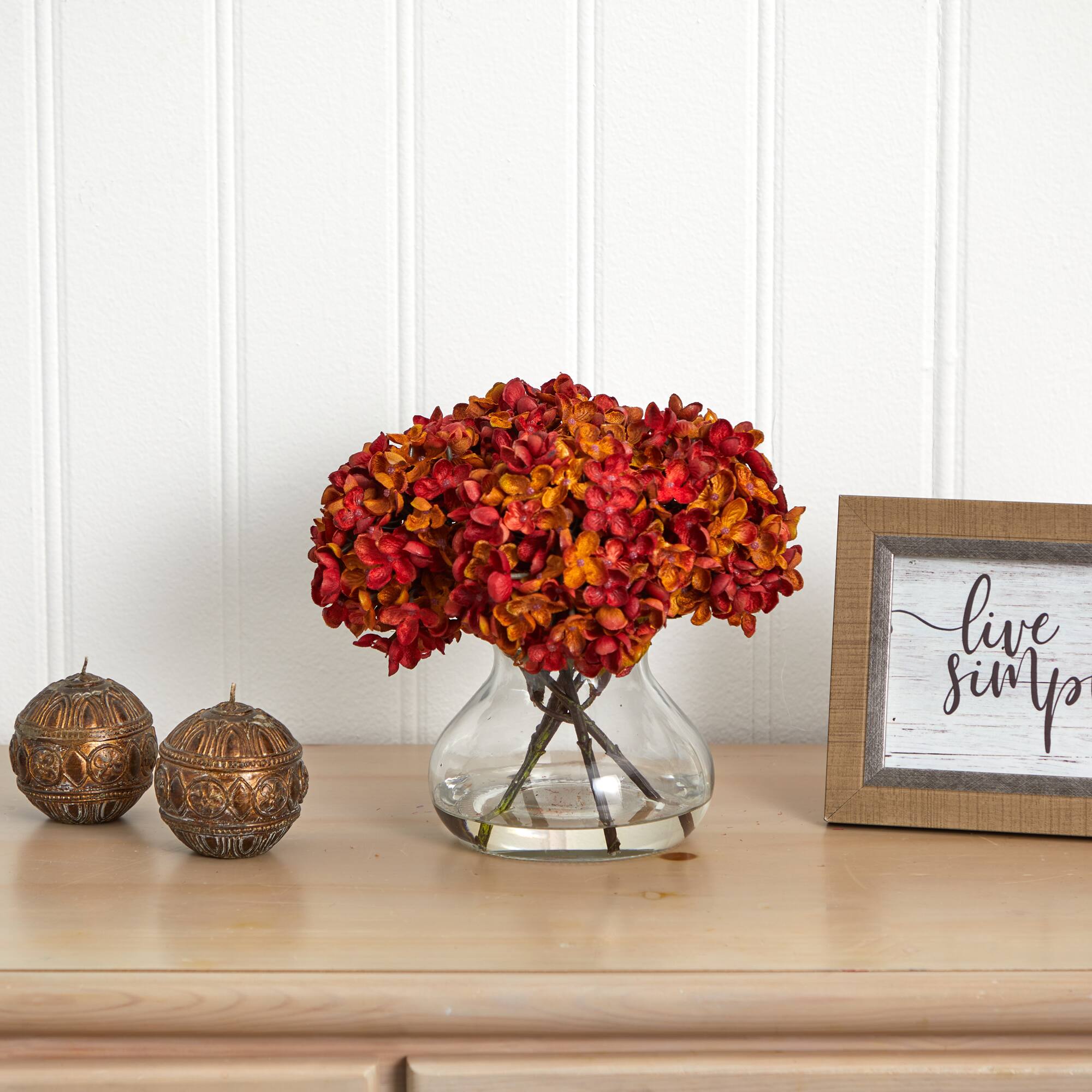8.5" Red Hydrangea Arrangement in Glass Vase